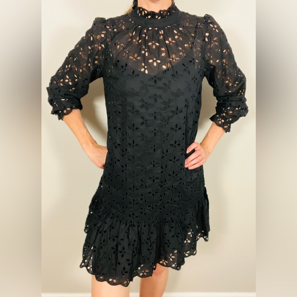 J.Crew Ruffleneck Eyelet Mini Dress – Black Cotton Dress – NWT Size Medium Tall